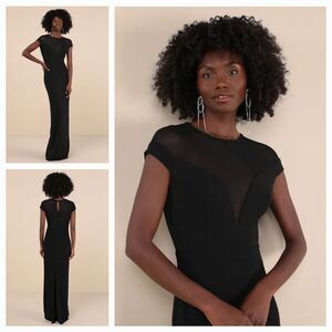 New LULUS Women's (L) Truly Mysterious Black Sheer Mesh Cap Sleeve Maxi Dress